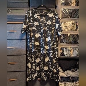 Disturbia Black and Cream Celestial Cat Pattern Midi Dress